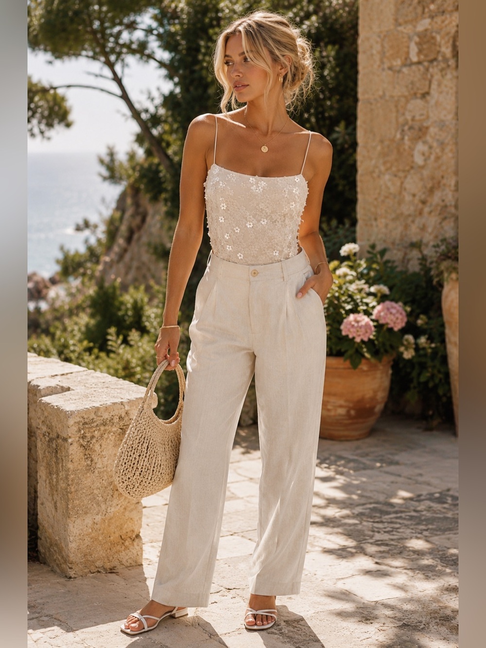 Zara NWT Ivory Floral Sequin Lace Up Back Bodysuit Romantic Coastal Chic - Picture 3 of 6